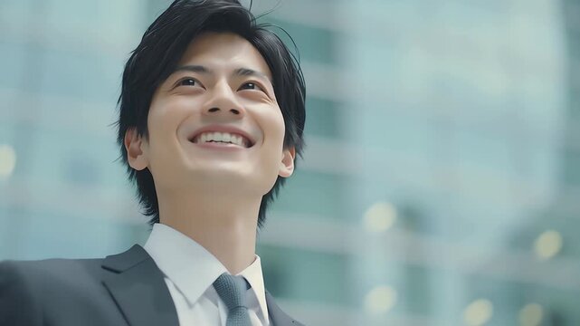Japanese young professional man smiling in suit looking up at the sky optimistic future