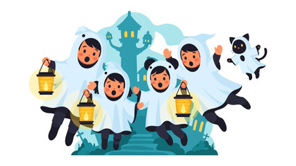 Fototapeta premium Halloween Celebration: Little children, adorned in playful costumes, joyfully embrace the Halloween spirit with lanterns and whimsical decorations, bringing a touch of magic to the festive occasion.