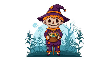 Spooky Scarecrow's Harvest: A charming illustration of a scarecrow, with a jack-o'-lantern smile, holds a basket filled with seasonal bounty, against the backdrop of a misty autumn landscape.