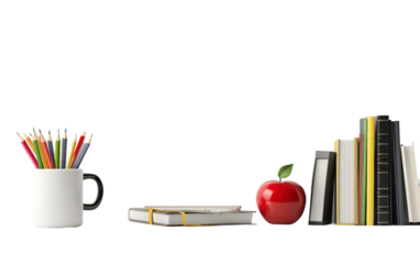 Close-up of teachers desk in realistic style featuring red apple and stacked books representing study, knowledge, and educational concept isolated on transparent background PNG