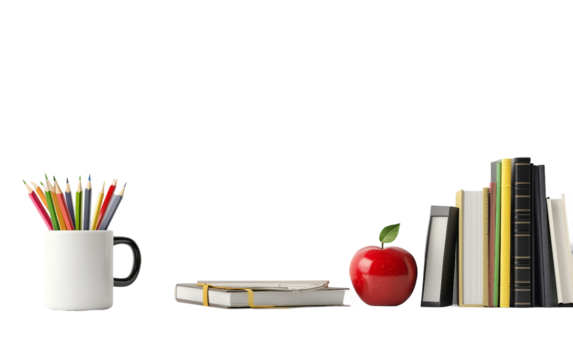 Close-up of teachers desk in realistic style featuring red apple and stacked books representing study, knowledge, and educational concept isolated on transparent background PNG
