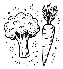 Vector carrots and broccoli in doodle style with sparkles around them