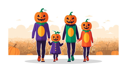 Spooky Family in Halloween: A vibrant illustration depicts a family of four dressed in playful pumpkin costumes, walking through a festive pumpkin patch, capturing the spirit of Halloween.
