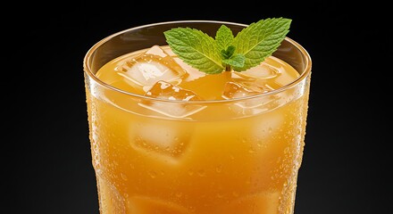 Refreshing Orange Drink with Ice Cubes and Mint on Black Background