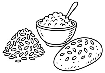 Whole grain bread loaf with seeds, rice and oatmeal in a bowl