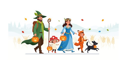 A Whimsical Halloween Gathering: An illustrated family dressed in fantasy costumes strolls through a fall landscape. Including a friendly fox and a playful dog, carry jack o lanterns.