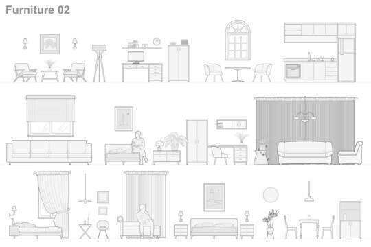Furniture outline front view architectural designs. Set of isolated linear interior icons. Vector elements for apartments, living room, bedroom, kitchen, bathroom. 