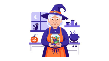 Witch with Jar of Treats: An illustration of a jovial witch proudly displaying a jar filled with candies in a whimsical Halloween scene, complete with a cauldron and smiling pumpkin.