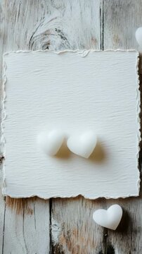 White textured paper with deckled edges surrounded by white hearts on a rustic wooden background creating a romantic setting