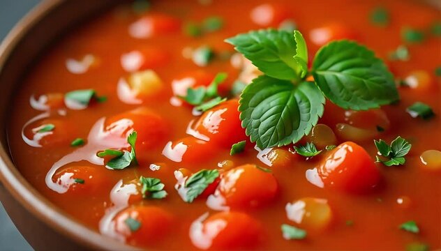 Close up of vibrant gazpacho texture showing blended tomatoes, cucumbers, peppers, and herbs 