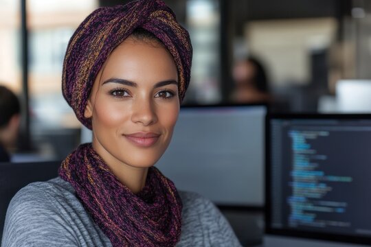 Over-the-shoulder view of a woman developer discussing code with a teammate in an office.