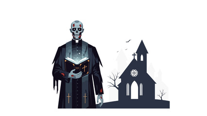 Haunted Halloween Scene: A spectral figure, clad in a priest's garb and holding a glowing book, stands before a shadowy church, creating an atmosphere of eerie suspense and mystical intrigue.