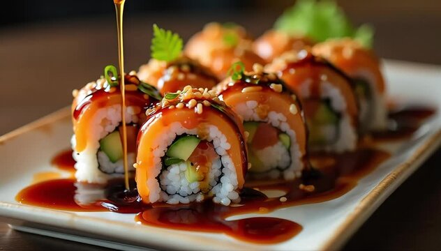Close up of vibrant maki roll cross section showing rice, seaweed, and fresh fillings 