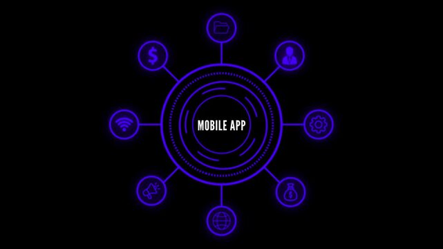 Mobile App Concept with Connected Icons and Central Hub on Black Background application smartphone