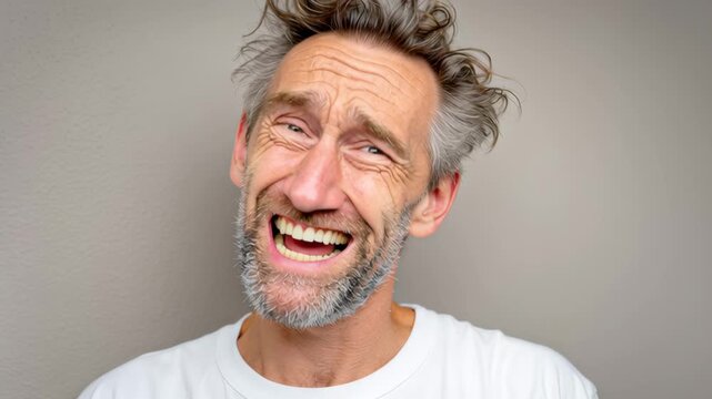 Man with tousled hair expresses a range of emotions, transitioning from a playful smirk to a joyful laugh, showcasing the dynamic nature of human expression in a neutral setting