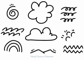 Collection of simple hand-drawn design elements: clouds, waves, rainbow, swirls.