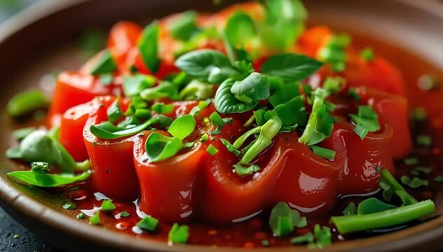 Close up of vibrant red kitfo texture with glistening oil and fresh herbs sprinkled on top 