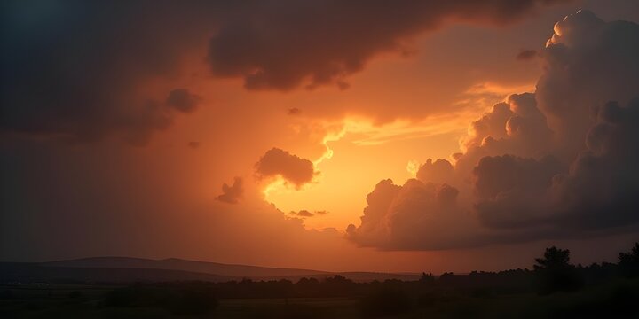 Dramatic sunset clouds over rolling hills