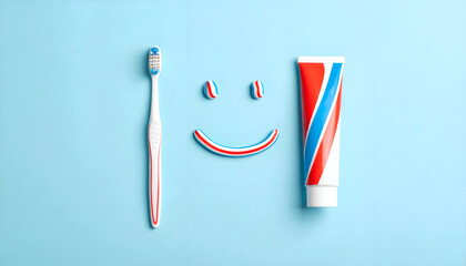 Obraz premium Oral health symbol with toothbrush and toothpaste arranged as a happy face, flat lay style.