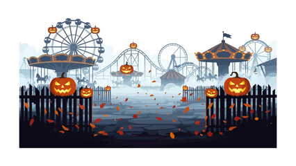 Pixelated Halloween Carnival Scene: An eerie pixelated carnival scene. Glowing jack-o'-lanterns perched upon a dark wooden fence, against the backdrop of a spooky carnival landscape. The Ferris wheel.