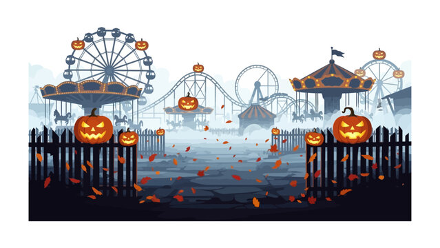 Pixelated Halloween Carnival Scene: An eerie pixelated carnival scene. Glowing jack-o'-lanterns perched upon a dark wooden fence, against the backdrop of a spooky carnival landscape. The Ferris wheel.