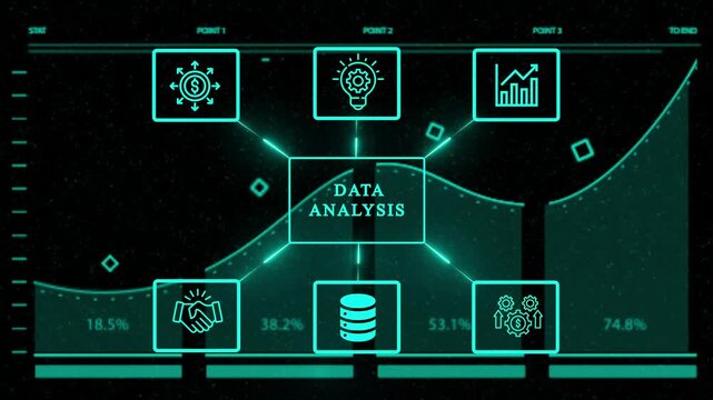 Data analysis concept with business intelligence, strategy, marketing, finance, and teamwork icons on a futuristic interface with a dark background - Powered by Adobe