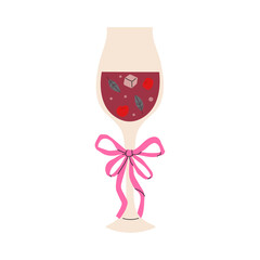 Colorful beverage glass with red fruits and leaves, decorated with a pink bow, perfect for summer gatherings and celebrations