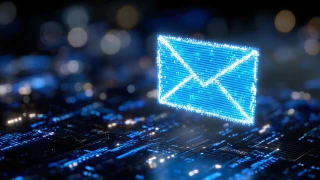 A vibrant blue digital envelope icon on a dark grid background with binary code and circuit lines, representing secure encrypted email communication.