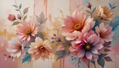 A beautiful watercolor painting showcasing a bouquet of delicate flowers in shades of pink, peach, and cream. The artwork features a textured background with subtle brushstrokes.