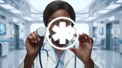 Doctor Holds Stethoscope With Medical Symbol Overlay In Hospital Hallway - Powered by Adobe