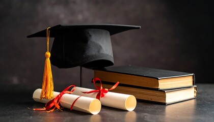 Graduation cap, diplomas, and books