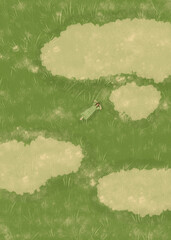 green grass field illustration with abstract bushes, meadow texture, and small girl resting in a peaceful nature scene, summer vibe. Summer illustration © Anhelina