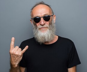Obraz premium A mature man with a gray beard and black sunglasses displays a rock and roll hand gesture against a neutral backdrop.