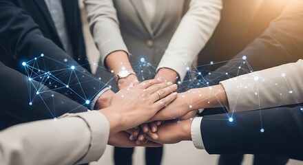 A diverse group of business professionals in formal attire place their hands together in a sign of unity and teamwork, symbolizing collaboration and shared goals with glowing network connections