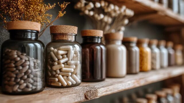 Closeup medium shot of supplements in earthytoned bottles arranged on wooden shelves emphasizing natural ingredients with soft focus on surroundings.