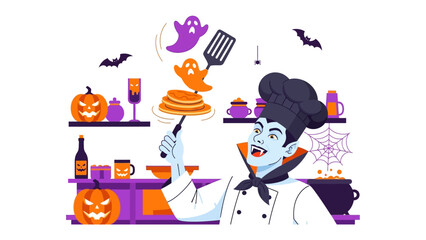 Halloween Feast: A spooky culinary scene features a vampire chef cooking pancakes with a Halloween twist, bats flutter around in a festive kitchen environment filled with pumpkins, cauldrons.