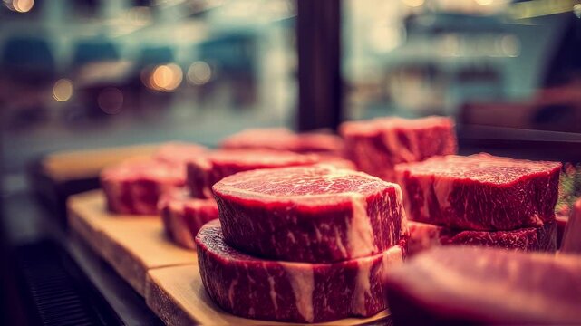 Detailed view of marbled exotic steaks stacked neatly in a refrigerated display with soft background blur creating an inviting gourmet atmosphere.