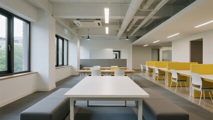 Modern office break room with white tables, yellow seating, and large windows