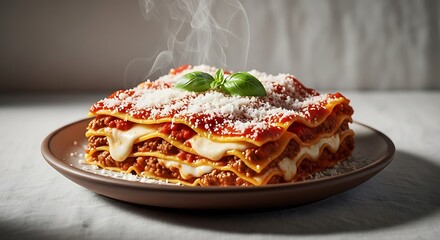 Delicious homemade lasagna with rich meat sauce and creamy b chamel topped with fresh basil and grated parmesan cheese