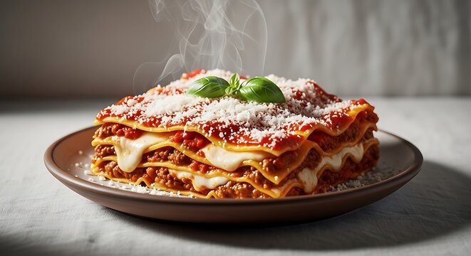 Delicious homemade lasagna with rich meat sauce and creamy b chamel topped with fresh basil and grated parmesan cheese