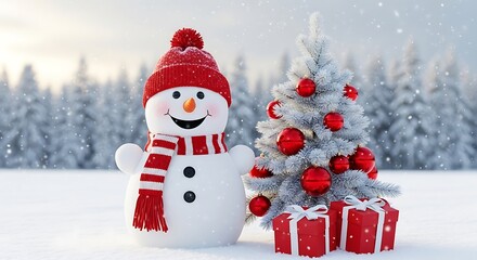 Happy snowman wearing red scarf and hat stands beside decorated christmas tree with gifts in snowy forest