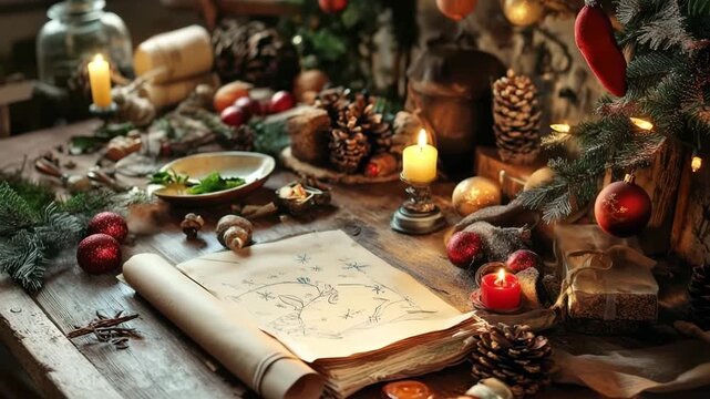 Ancient map lies open on a wooden table amidst christmas decorations and lit candles, creating a magical atmosphere