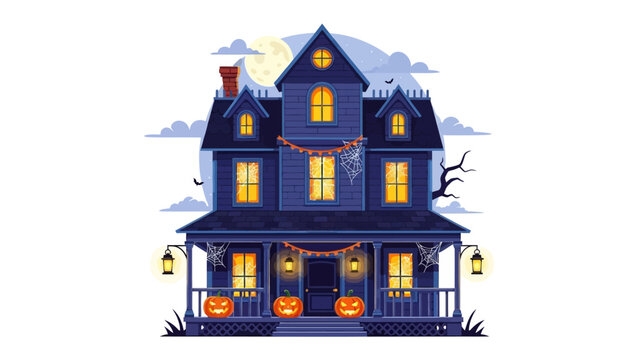 Haunted House: A spooky, vintage-style mansion, adorned with eerie decorations, pumpkin, spiderweb and ominous atmosphere set against a backdrop of a chilling full moon.