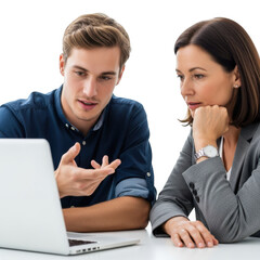 Two professionals collaborating effectively on a laptop business meeting discussion transparent background