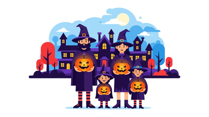 Halloween Family Portrait: A family stands together in front of a spooky mansion with halloween pumpkin , radiating the spirit of Halloween festivities with the night sky .