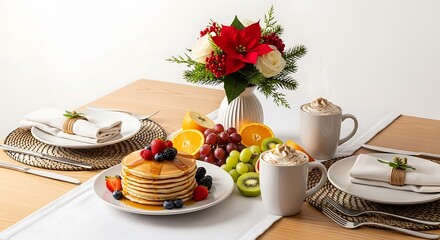 Delicious stack of golden pancakes topped with fresh berries and syrup served with fruit and coffee for breakfast