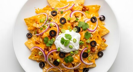 Delicious overhead view of loaded nachos with melted cheese olives onions and sour cream on a white plate