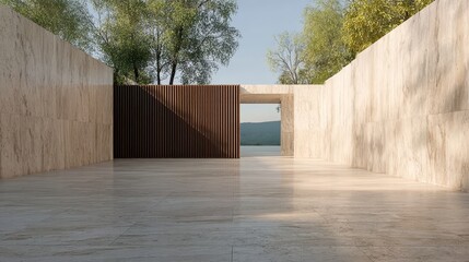 Modern architectural space with wooden walls and open view to nature