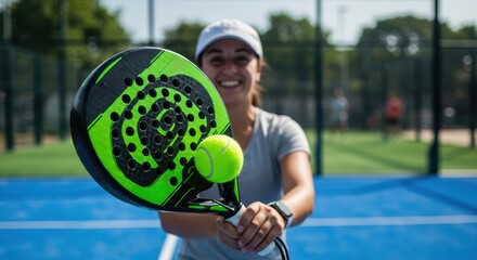 A woman holds a padel racket with a ball on a blue court smiling