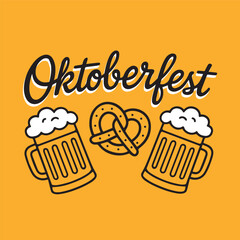 Oktoberfest illustration with beer mugs and pretzel on yellow background. Traditional German festival design, celebration, pub, brewery, bar poster, Bavarian culture and beer festival concept